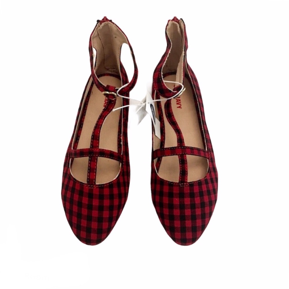 NEW Red & Black Buffalo Plaid / Check T-Strap Ballet Flats (1 Youth)